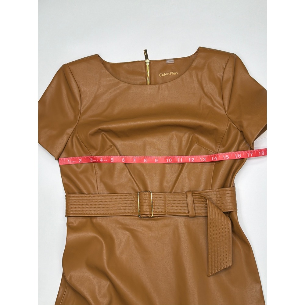 Calvin Klein Womens Faux Leather Belted Sheath‎ Dress Cognac Brown Size 8 - Picture 6 of 13